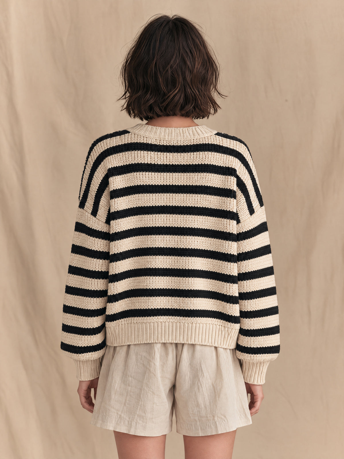 Ivory And Black Striped Chunky Knit Button Cardigan