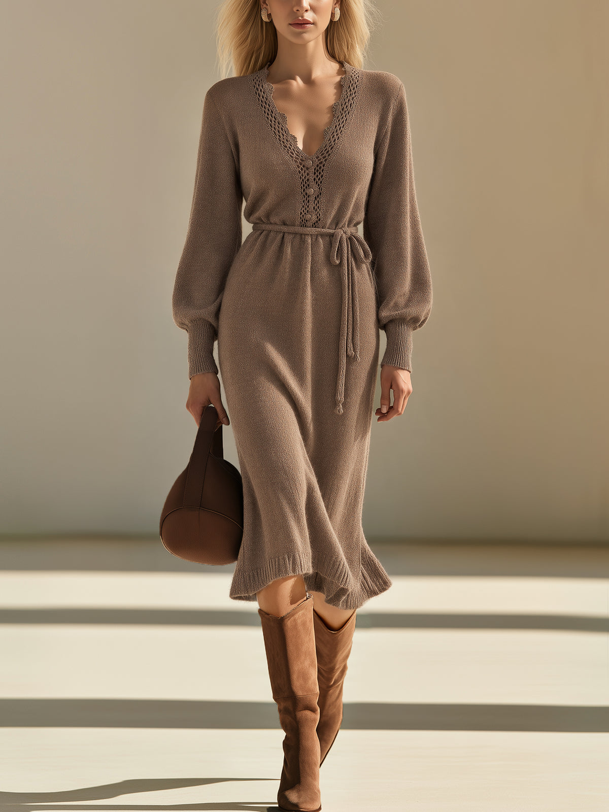 Brown Wool Blend Crochet Trim Midi Dress