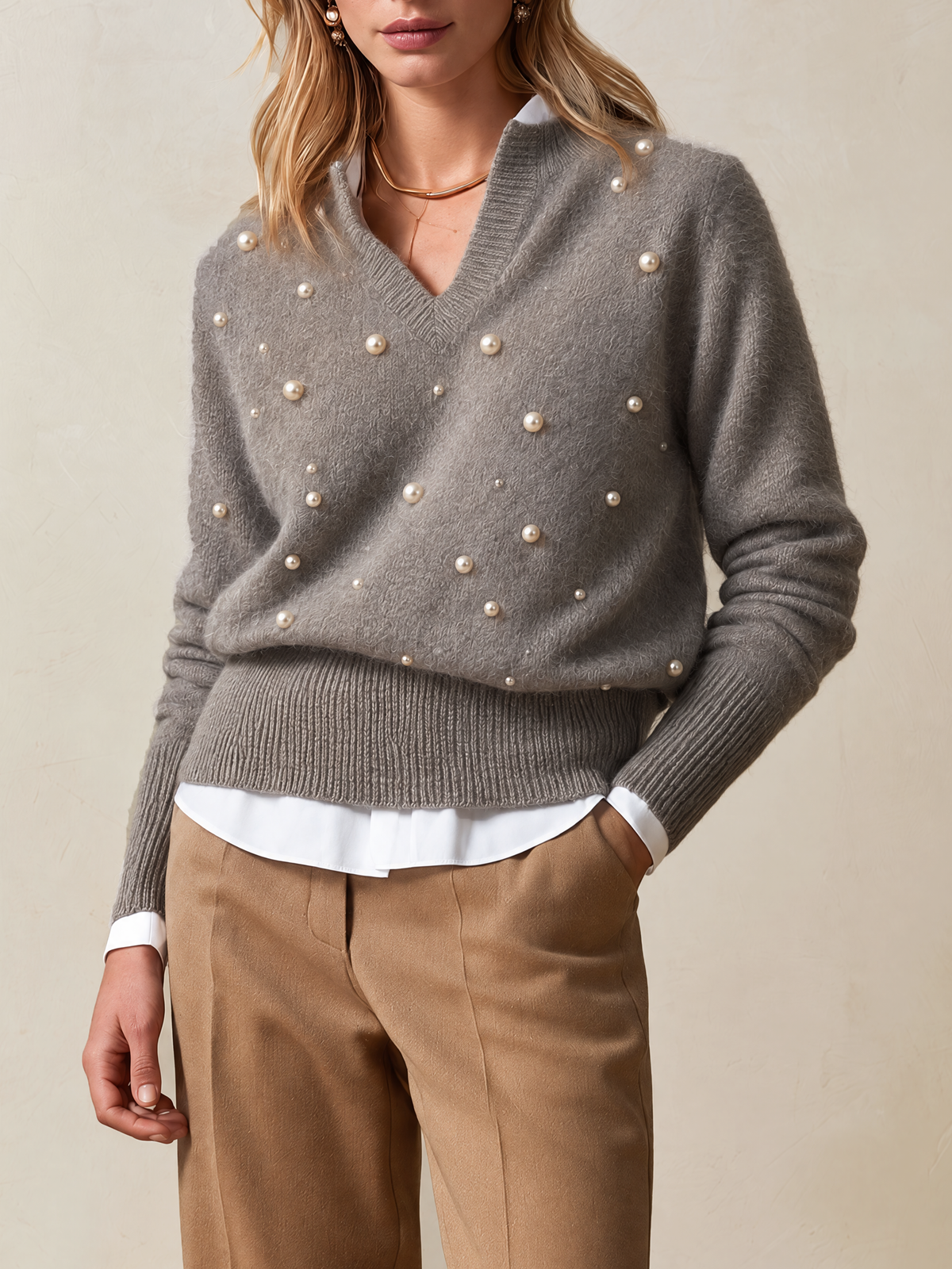 Elegant Gray Pearl-Embellished V-Neck Knit Sweater