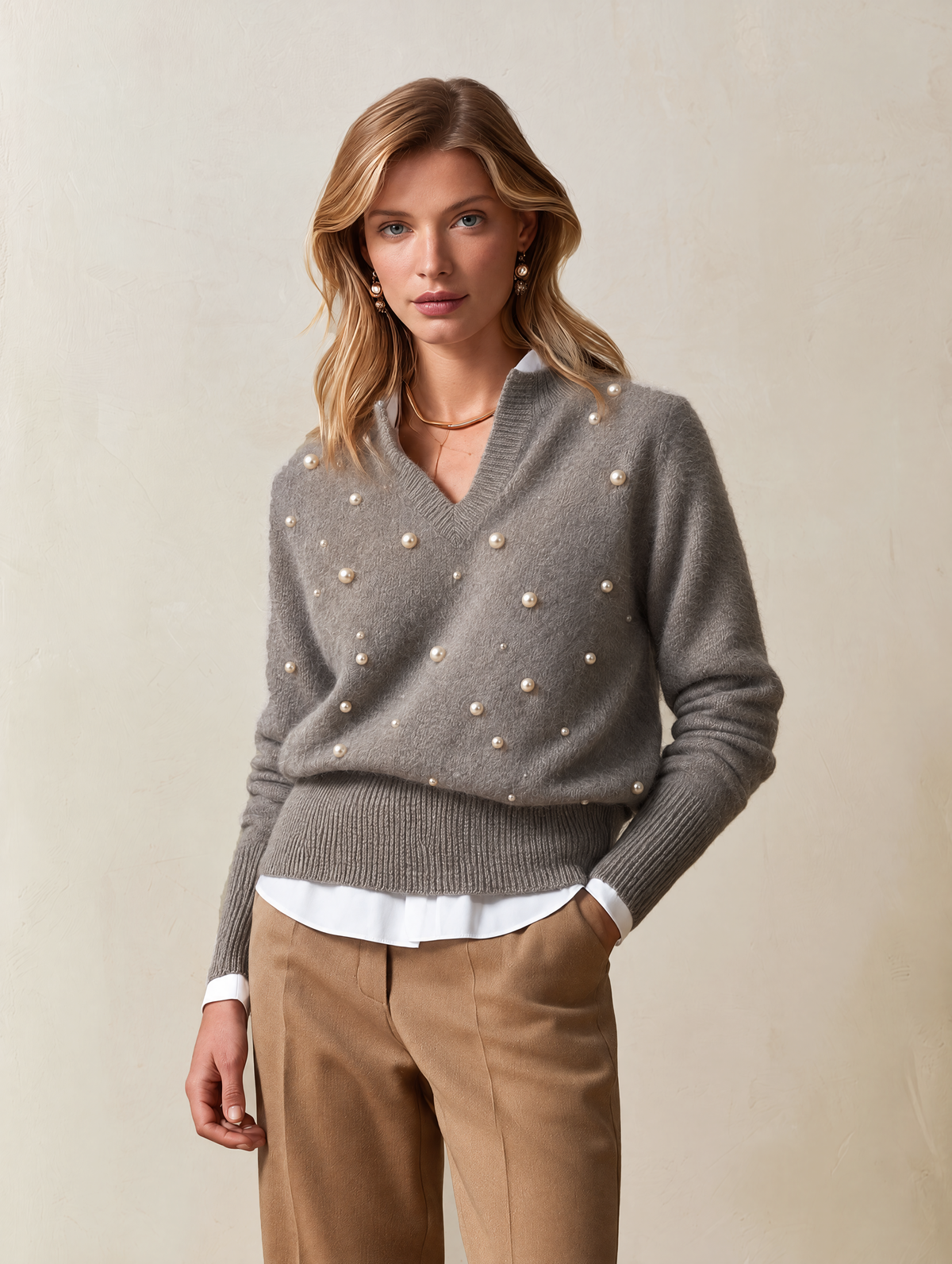 Elegant Gray Pearl-Embellished V-Neck Knit Sweater