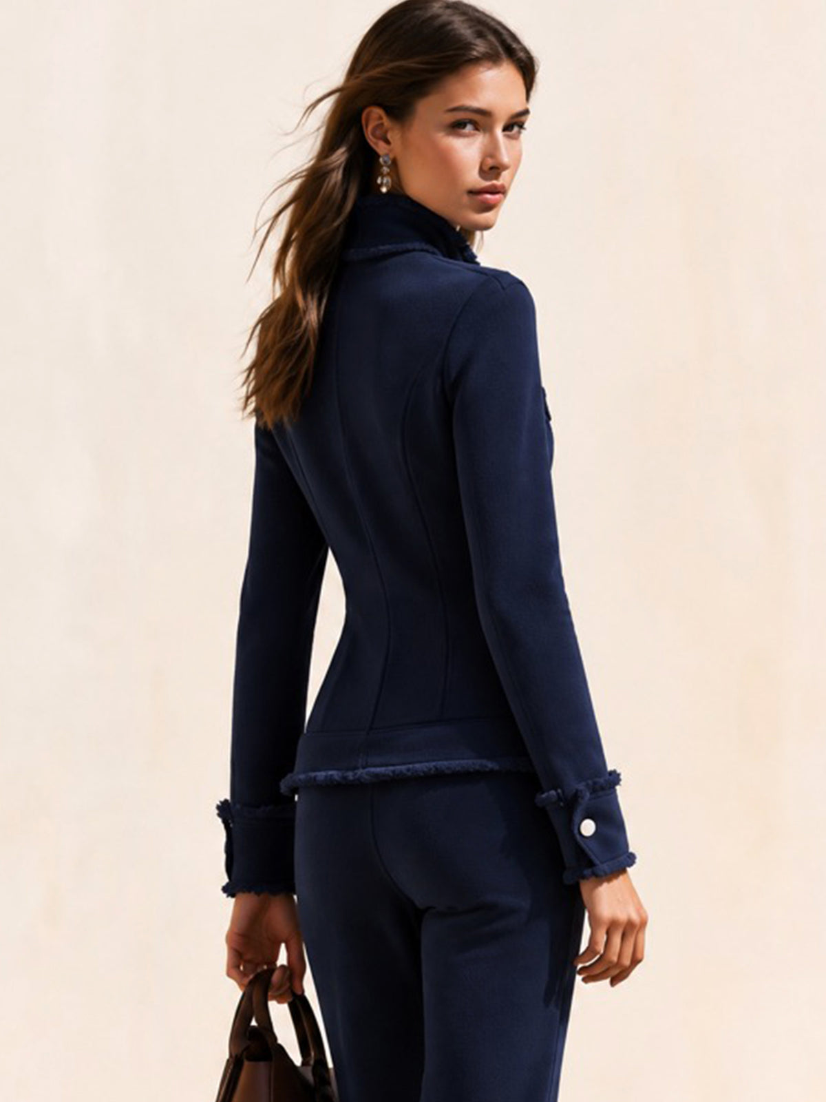 Navy Fringe Trim Button-Up Sweatshirt