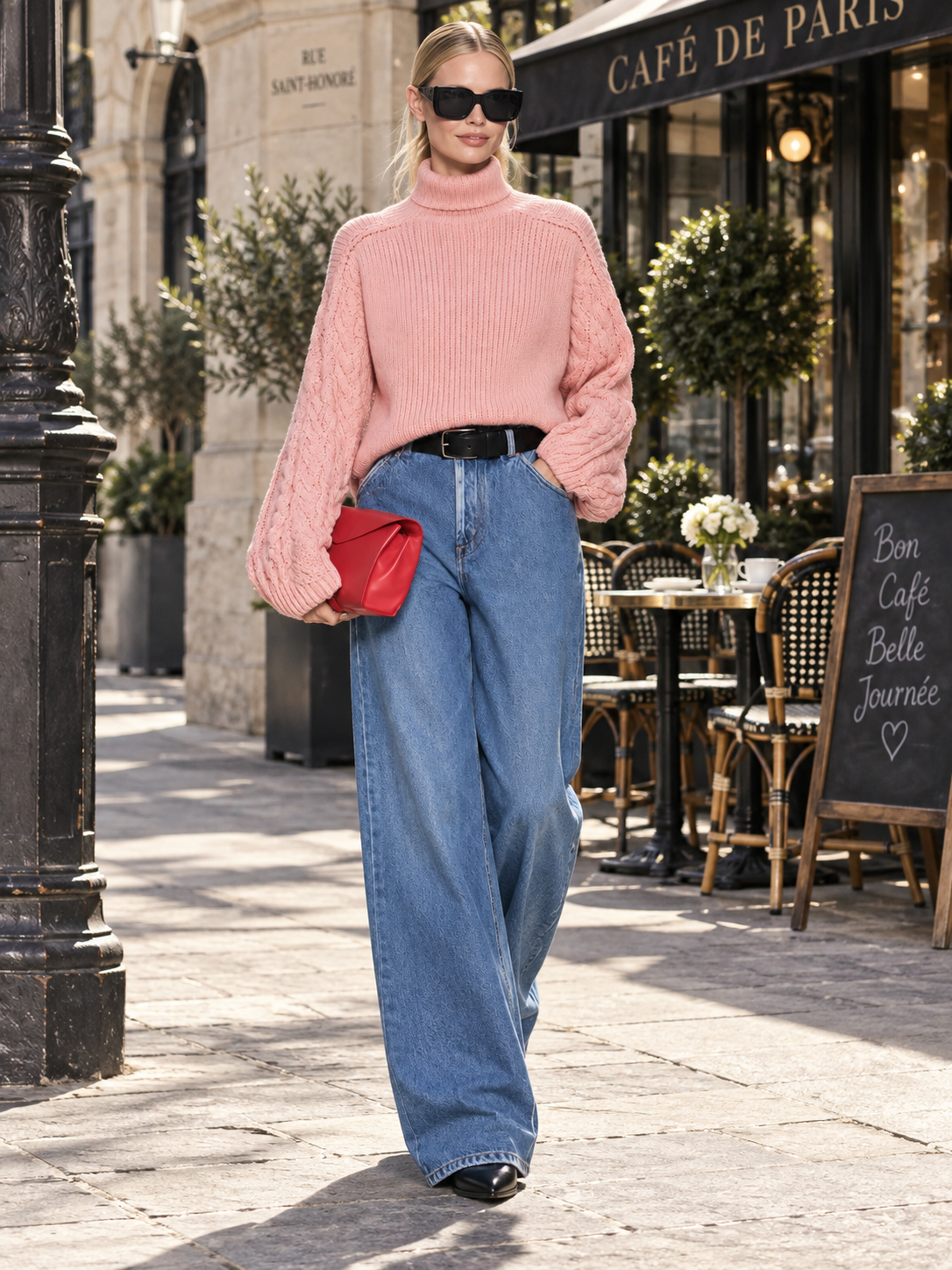 Pink Chunky Rib Knit Turtleneck Sweater With Cable Balloon Sleeves