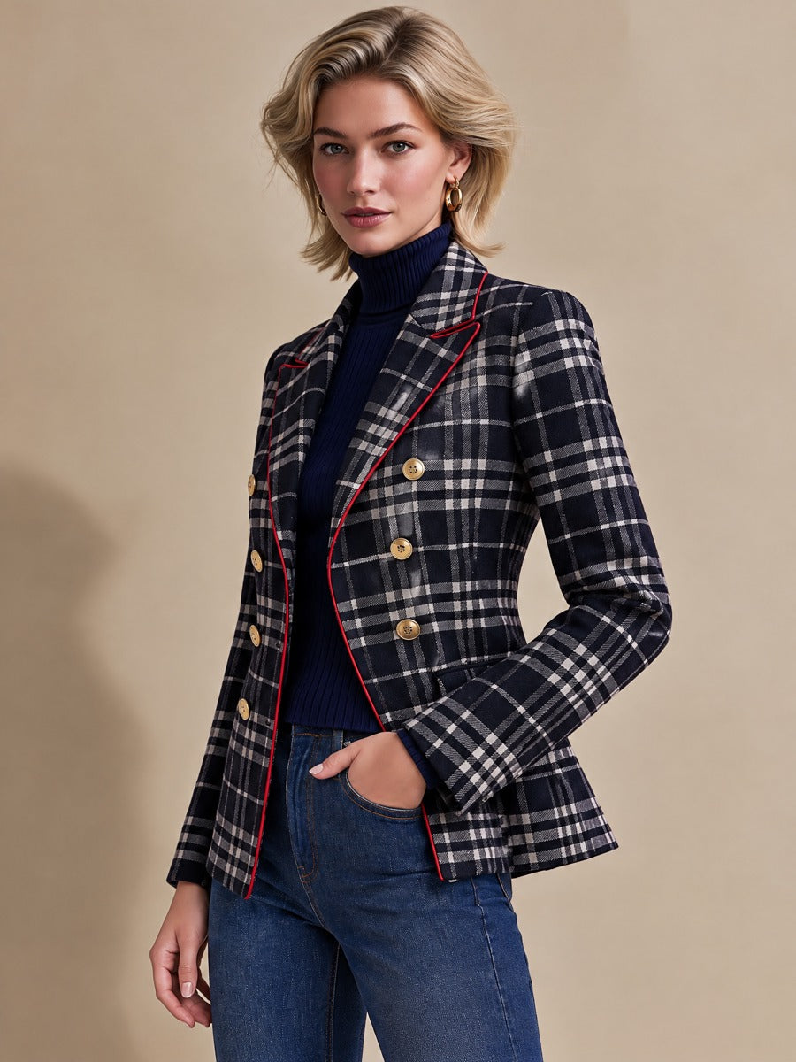 Navy Plaid Blazer With Red Piping Double Breasted Gold Buttons
