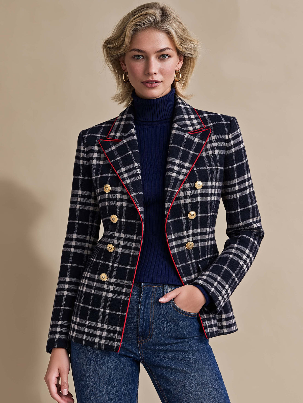 Navy Plaid Blazer With Red Piping Double Breasted Gold Buttons