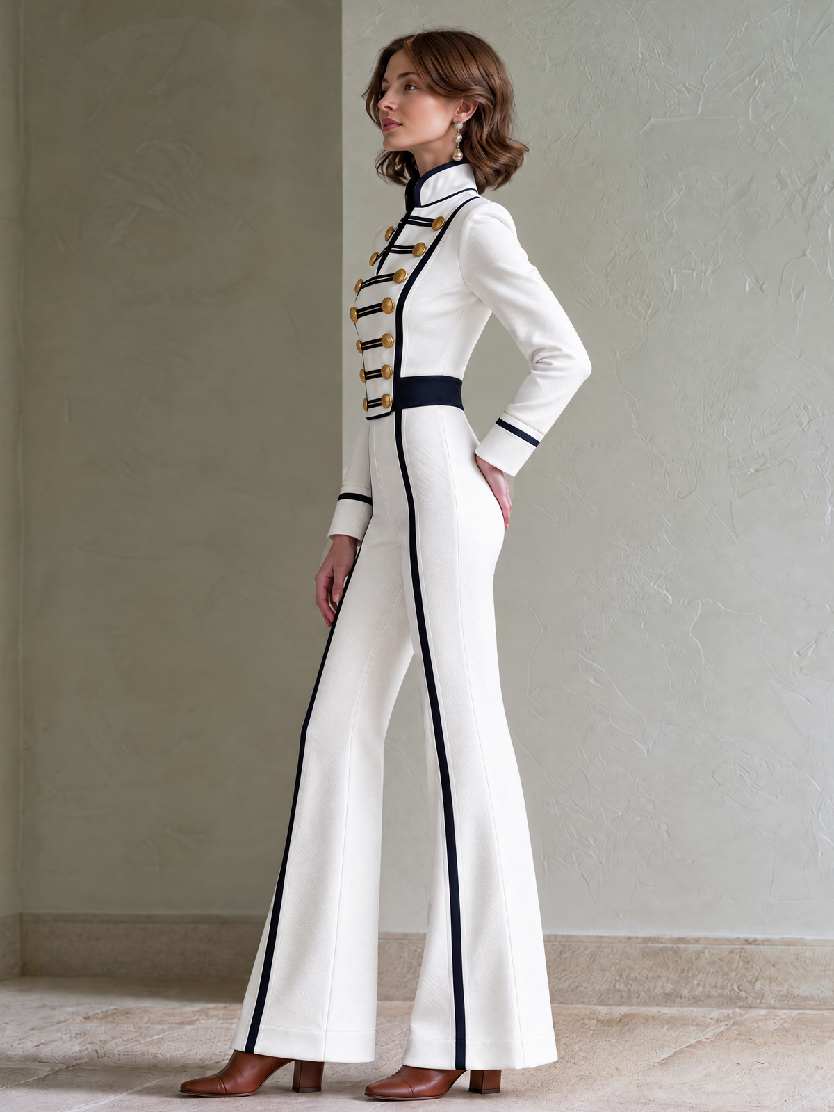 Elegant White & Navy Contrast Strap-Detail Flared Jumpsuit