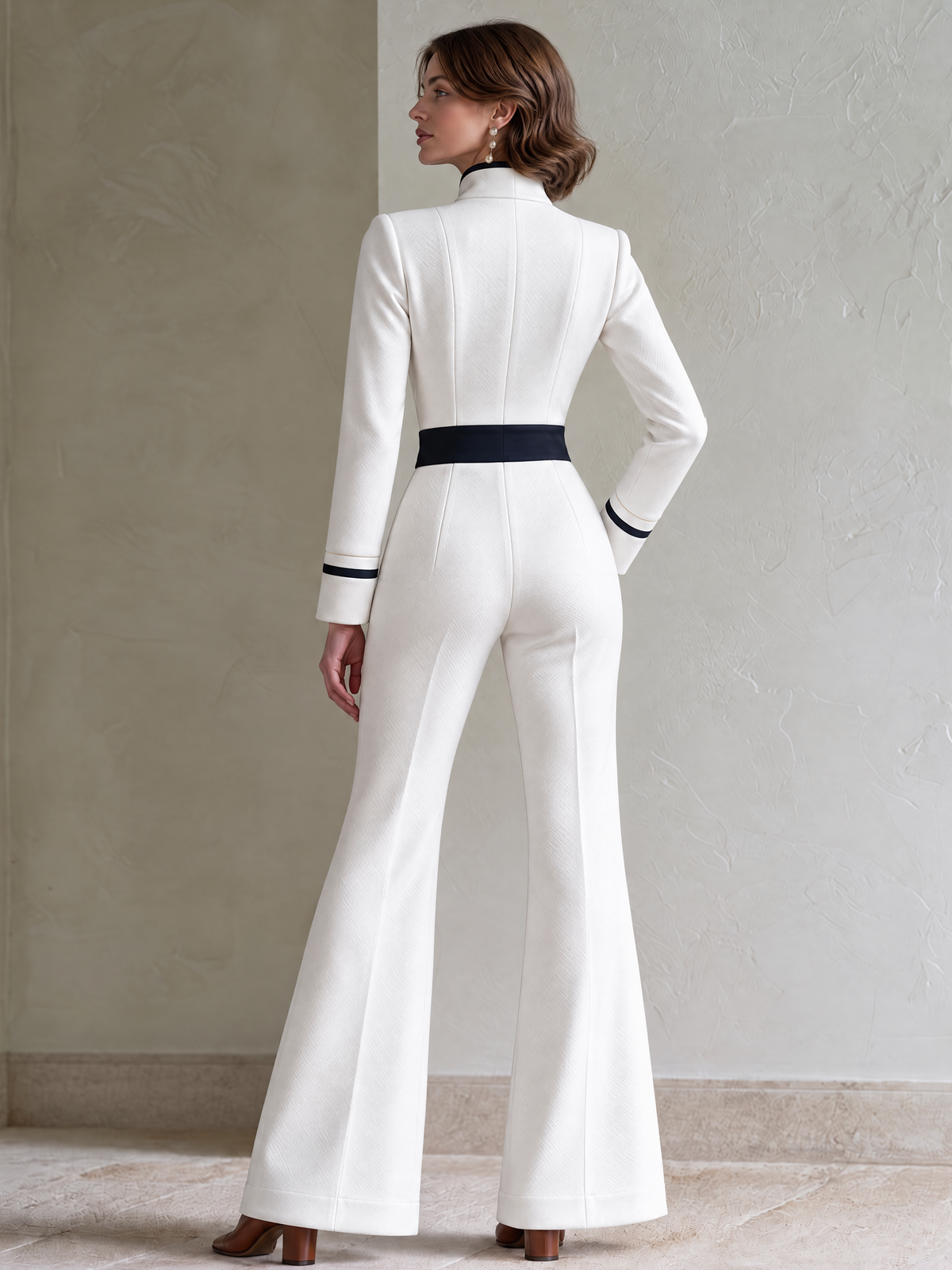 Elegant White & Navy Contrast Strap-Detail Flared Jumpsuit
