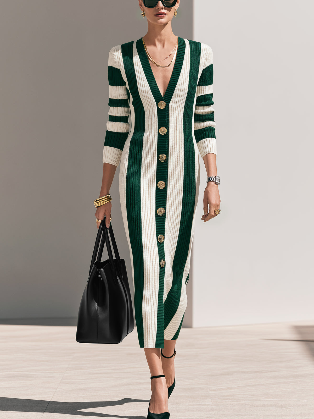 Striped Ribbed Long Sleeve Knit Midi Dress