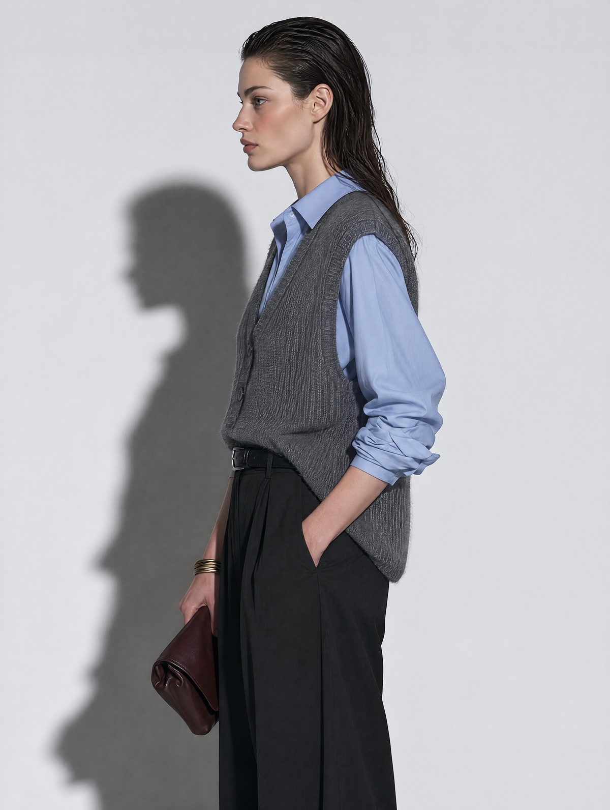 Grey V-Neck Button-Front Knit Sweater Vest