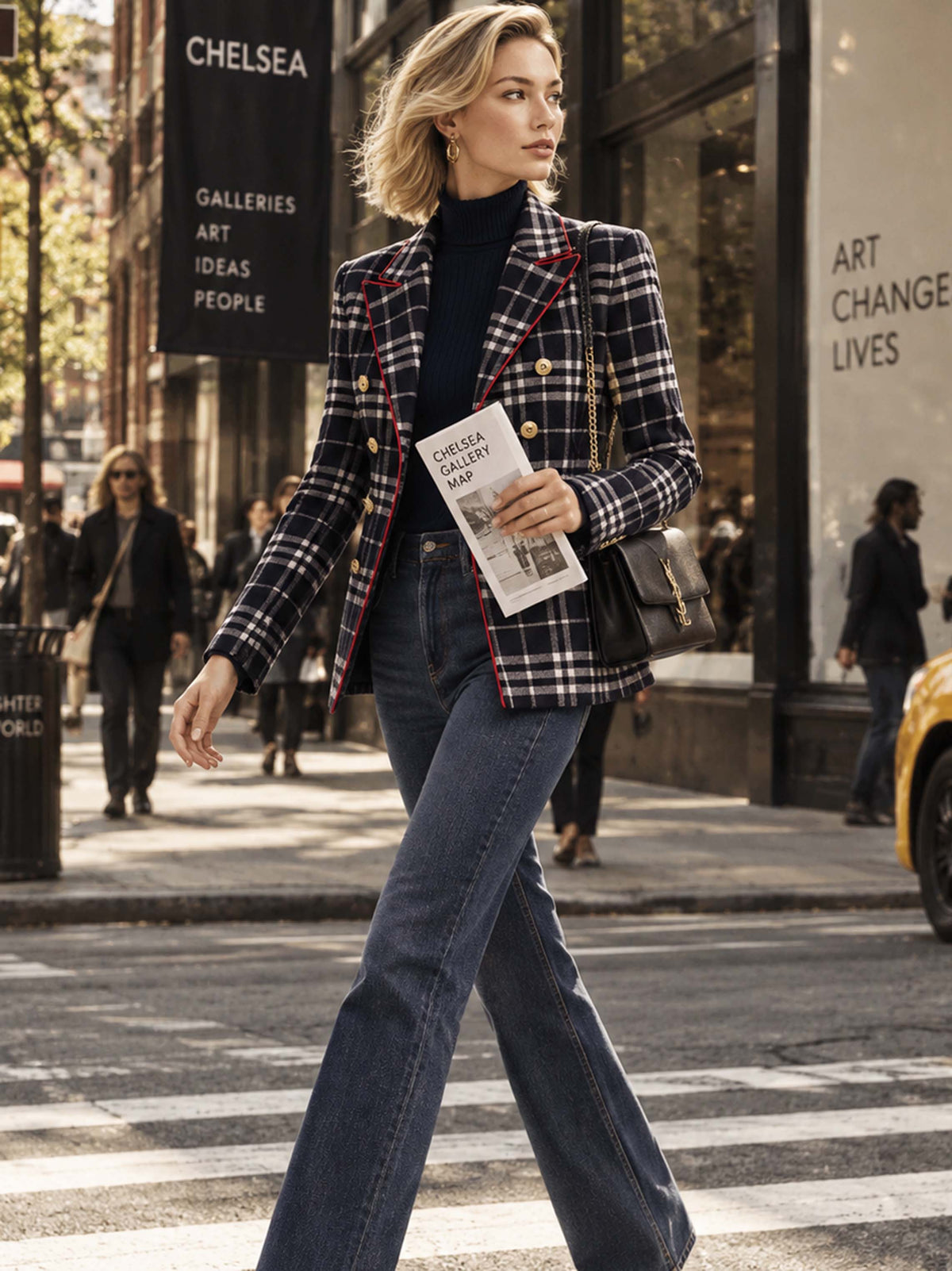 Navy Plaid Blazer With Red Piping Double Breasted Gold Buttons