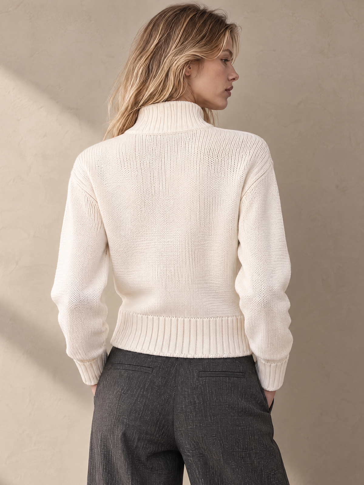 Elegant Ivory Half-Zip High-Neck Knit Sweater