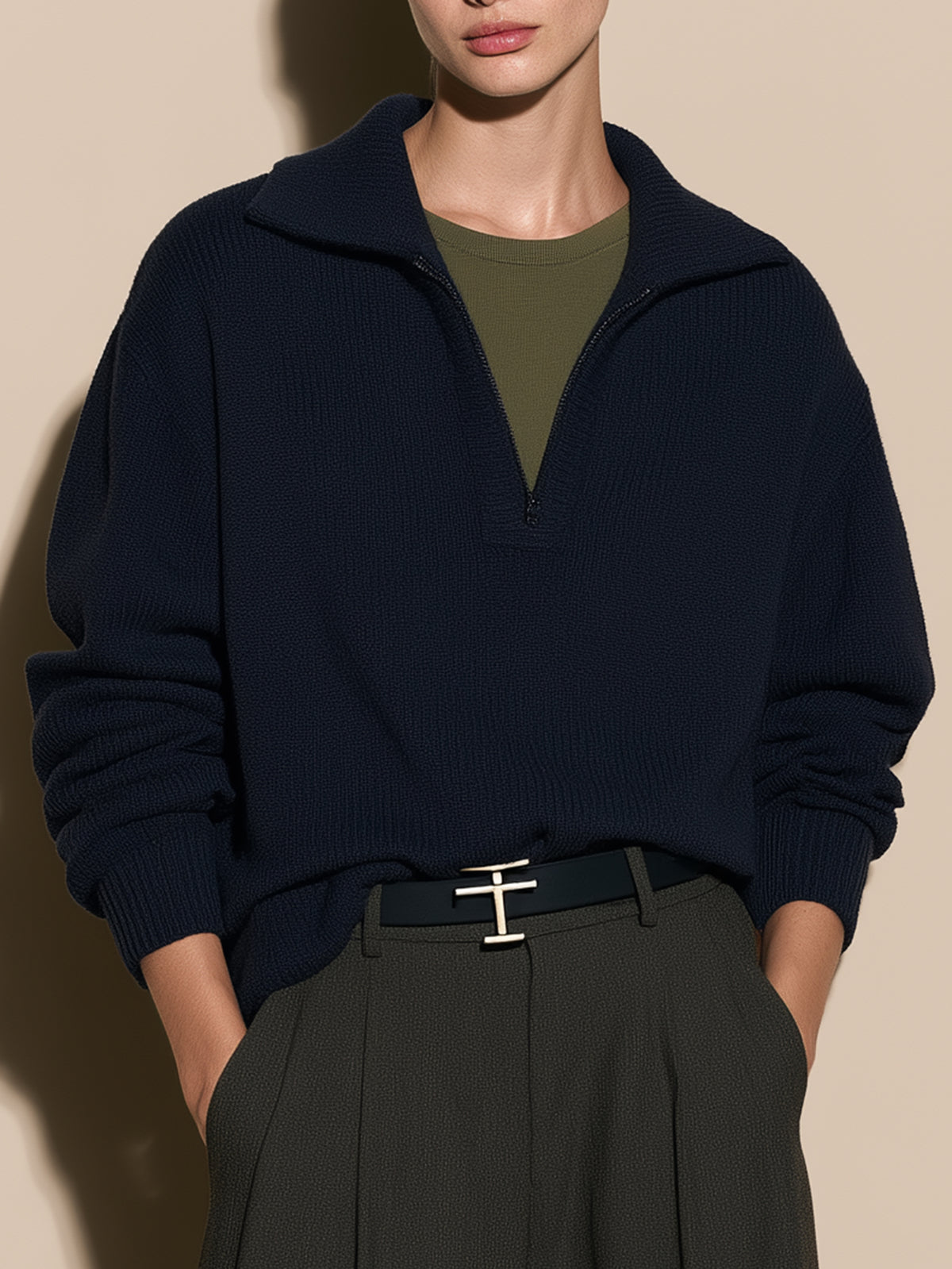Navy Half-Zip Knit Sweater With Contrast Olive Mock Layered Inset