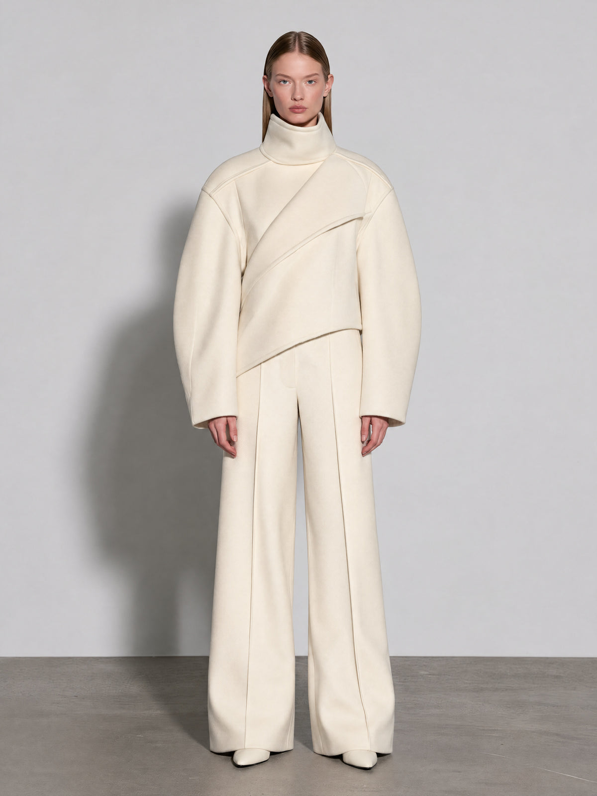 Cream Wool-Blend Asymmetric Wrap Top & Wide-Leg Trousers Two-Piece Set