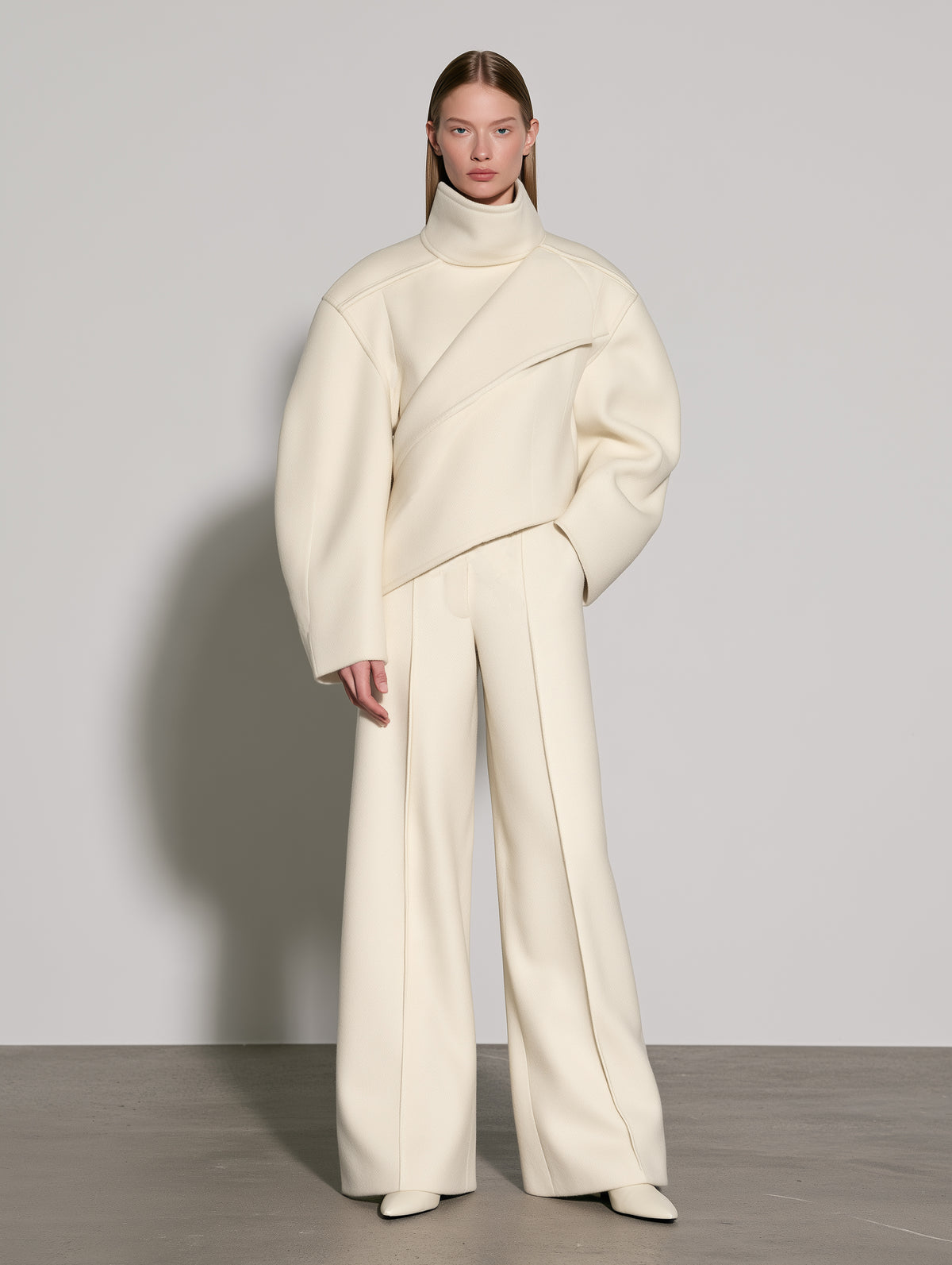 Cream Wool-Blend Asymmetric Wrap Top & Wide-Leg Trousers Two-Piece Set