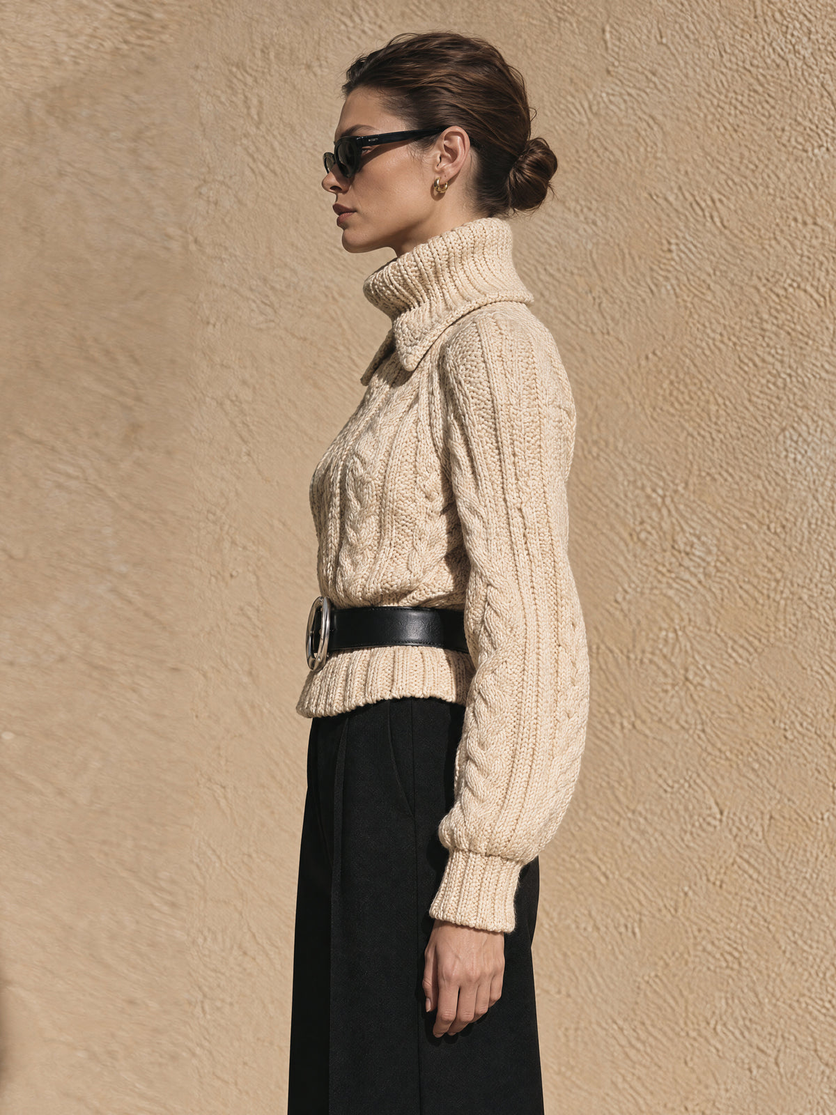 Cream Chunky Cable Knit Turtleneck Sweater With Oversized Fold-Over Collar