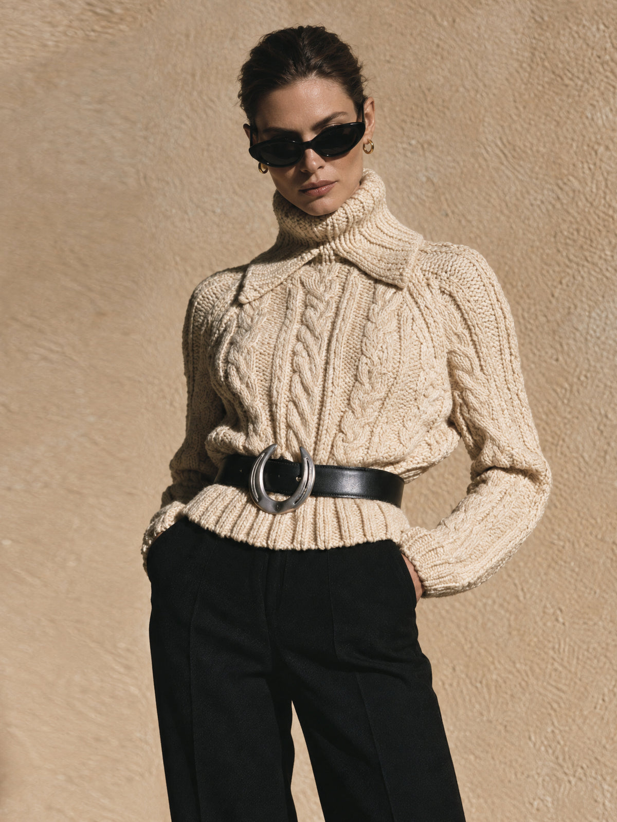 Cream Chunky Cable Knit Turtleneck Sweater With Oversized Fold-Over Collar