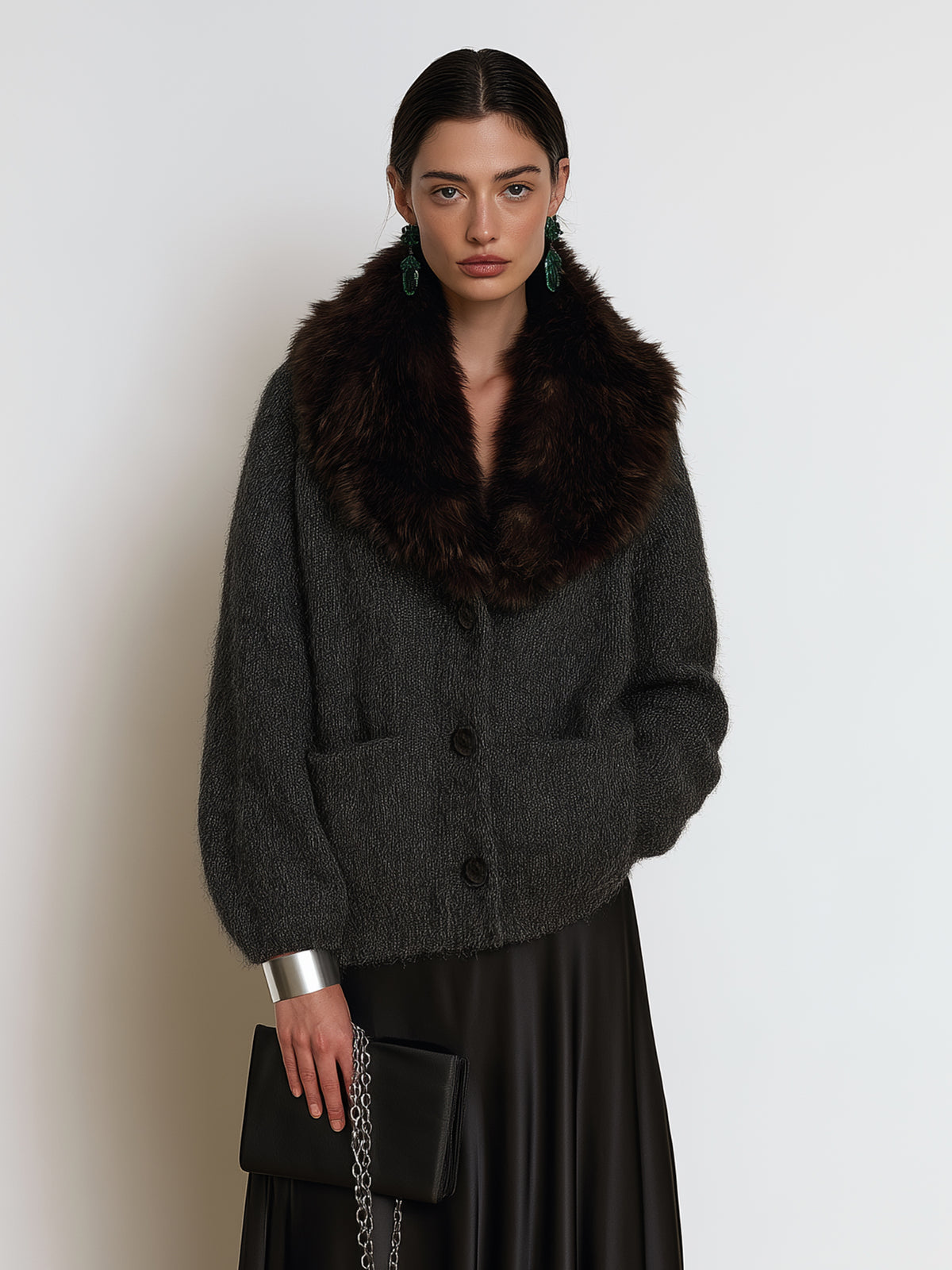 Charcoal Brushed Mohair Knit Cardigan With Faux Fur Collar