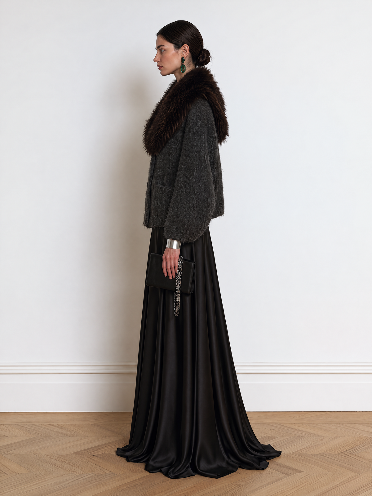 Charcoal Brushed Mohair Knit Cardigan With Faux Fur Collar