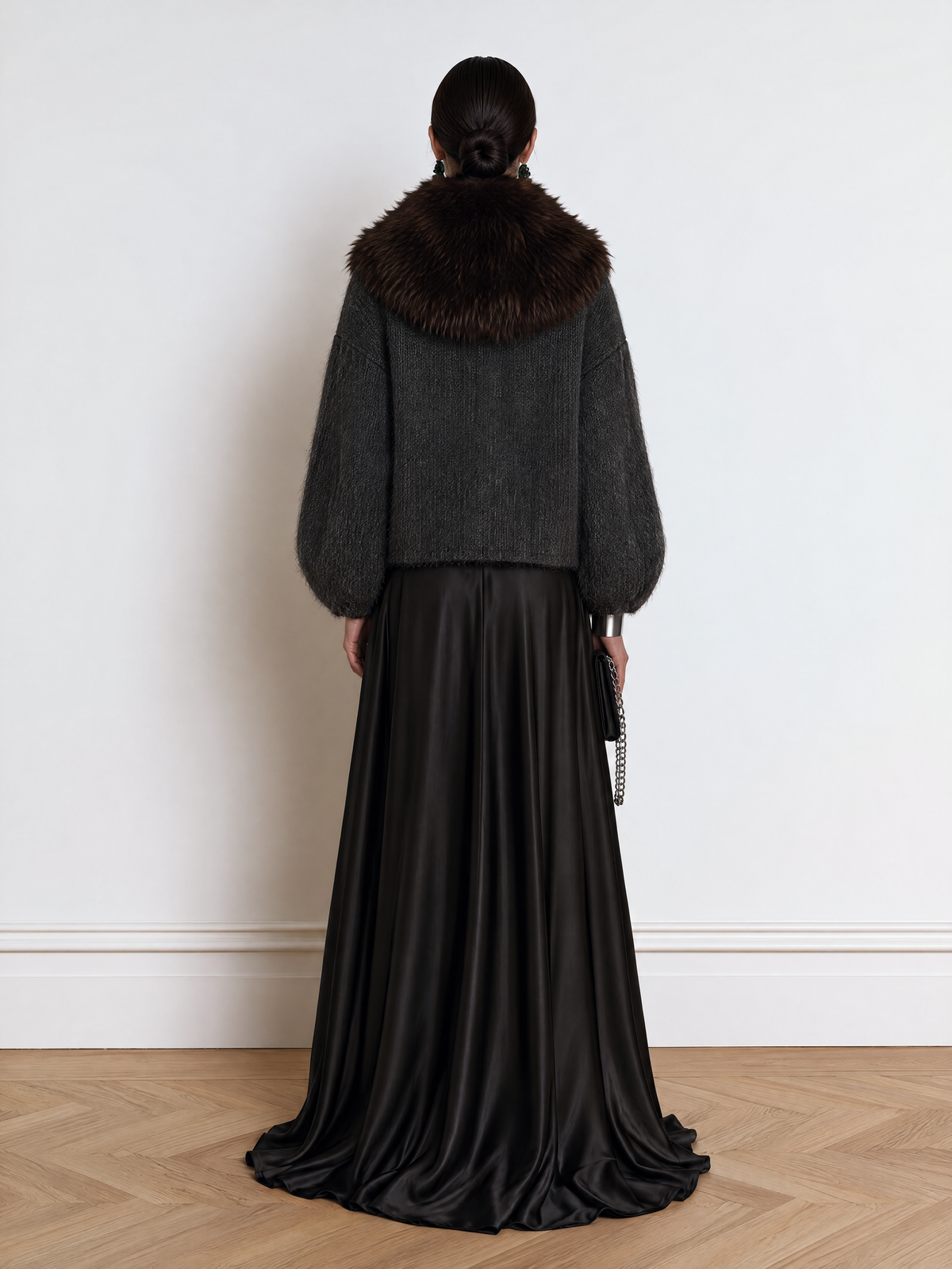 Charcoal Brushed Mohair Knit Cardigan With Faux Fur Collar