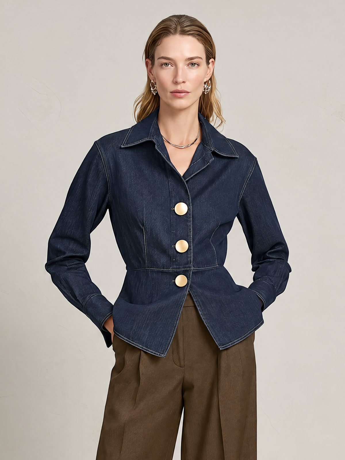 Elegant Navy Blue Denim Shirt With Gold-Tone Contrast Buttons