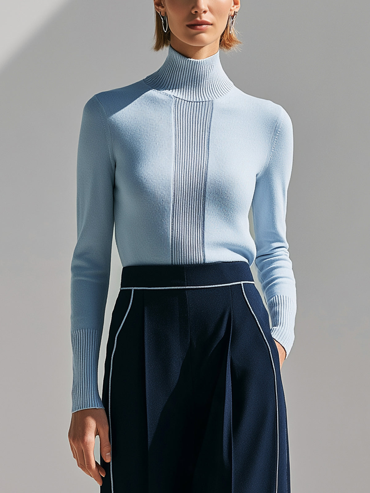 Turtleneck Knit Vertical Rib Paneling Sweater