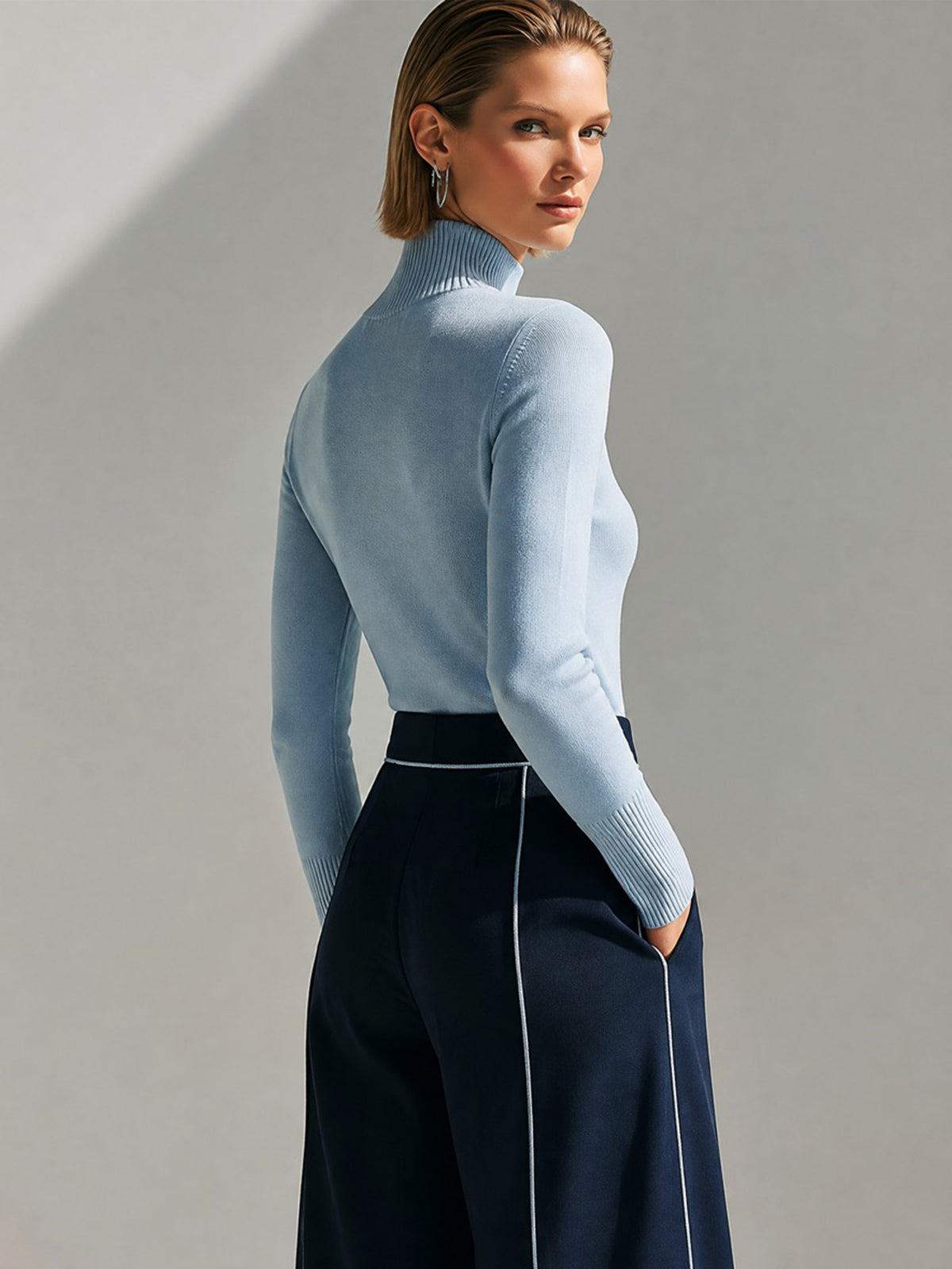 Turtleneck Knit Vertical Rib Paneling Sweater