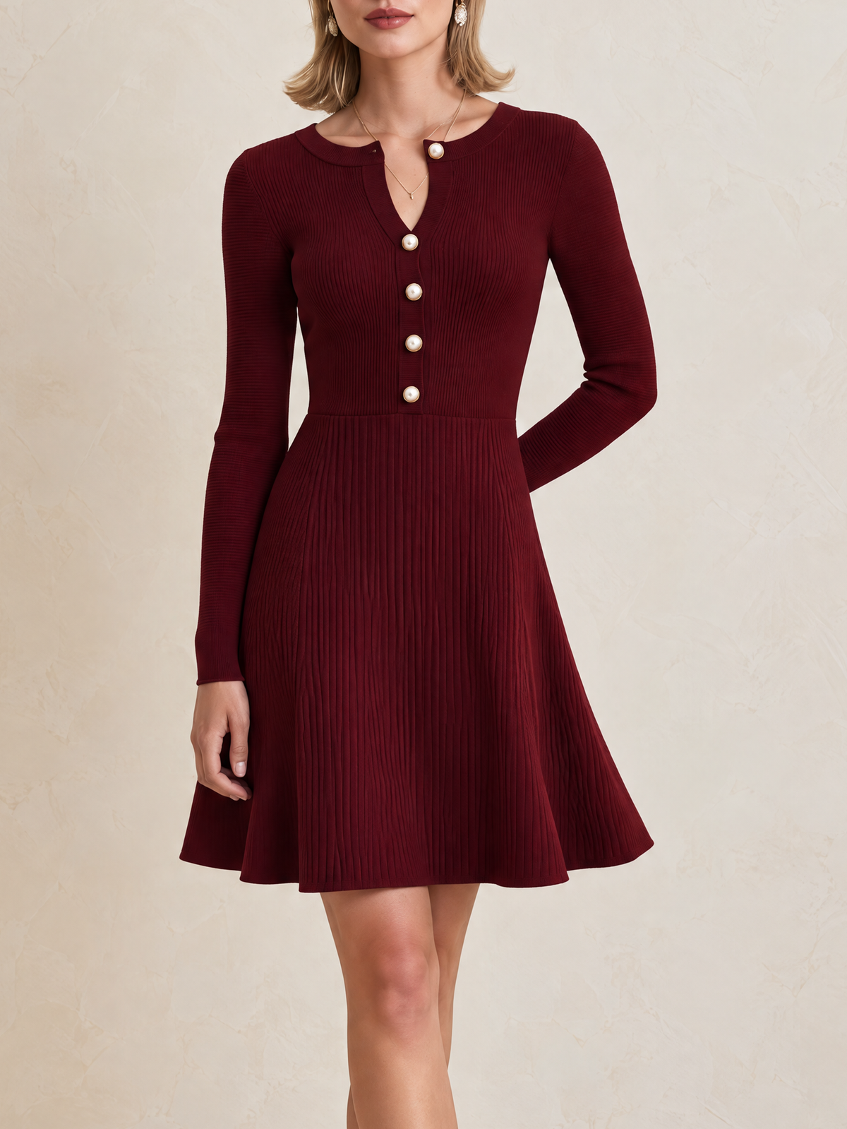 Elegant Burgundy Mini Knit Dress With Small V-Neckline And Pearl Buttons