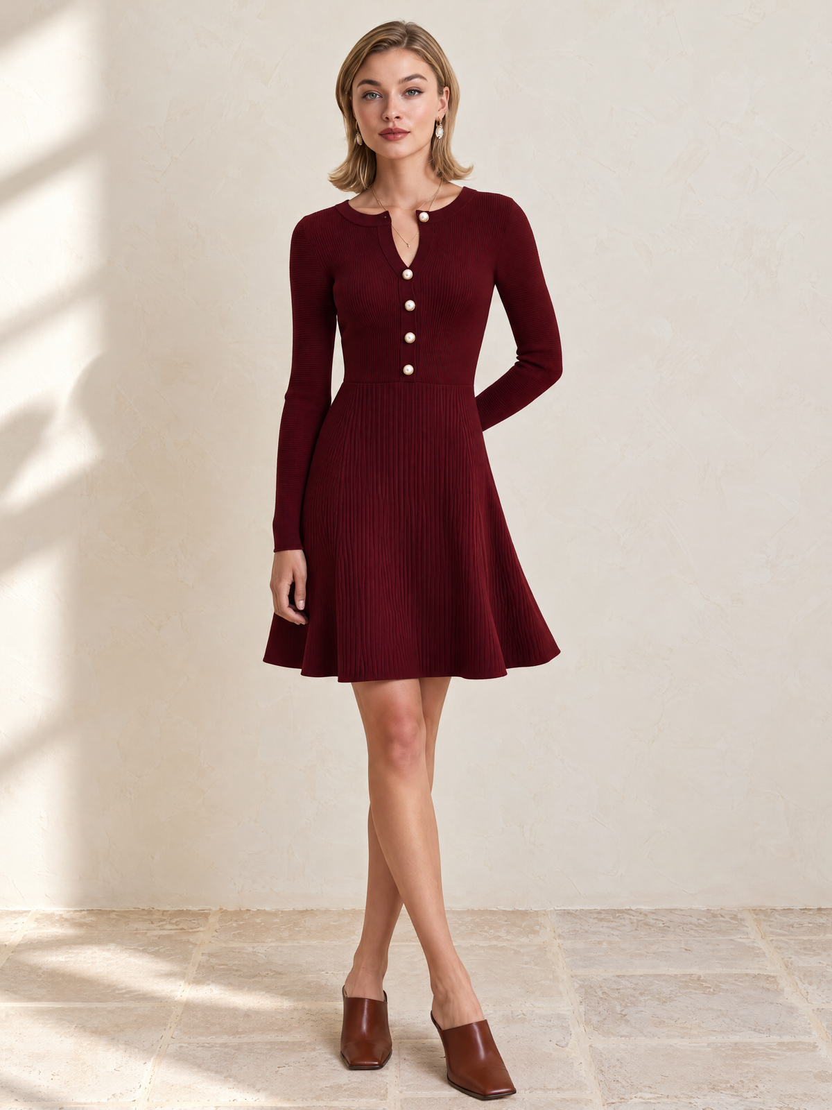 Elegant Burgundy Mini Knit Dress With Small V-Neckline And Pearl Buttons