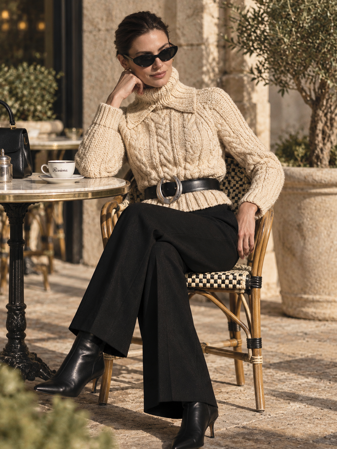 Cream Chunky Cable Knit Turtleneck Sweater With Oversized Fold-Over Collar