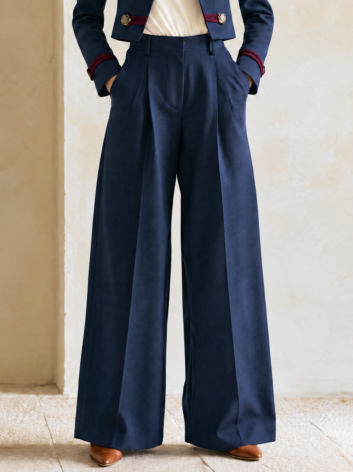 Elegant Navy Tailored High-Waist Wide-Leg Trousers