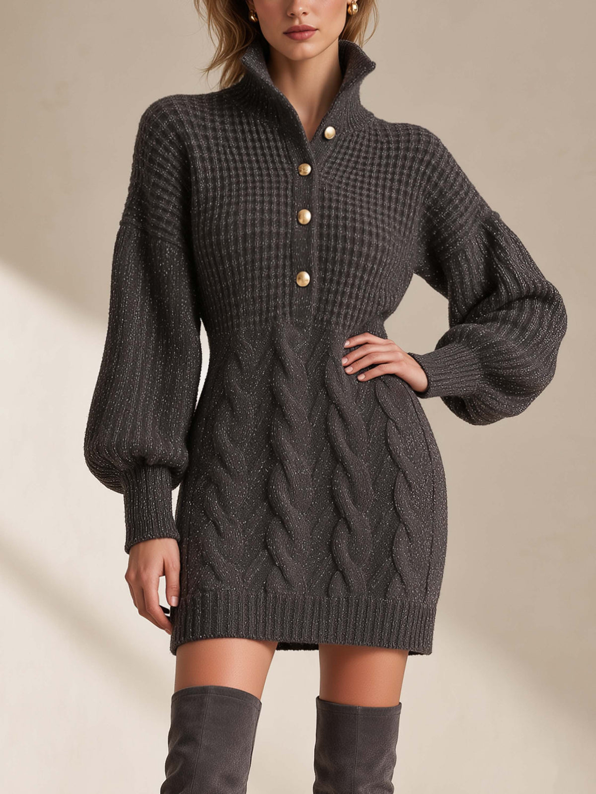 Cable Knit Sweater Dress With Gold Button Stand Collar And Balloon Sleeves