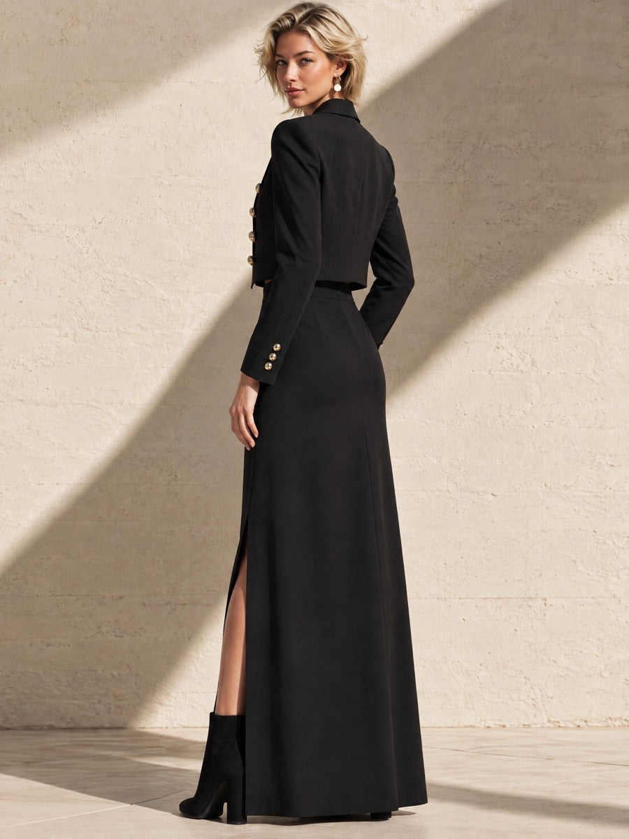 Gold Double Breasted Cropped Blazer & Slit Maxi Skirt Set