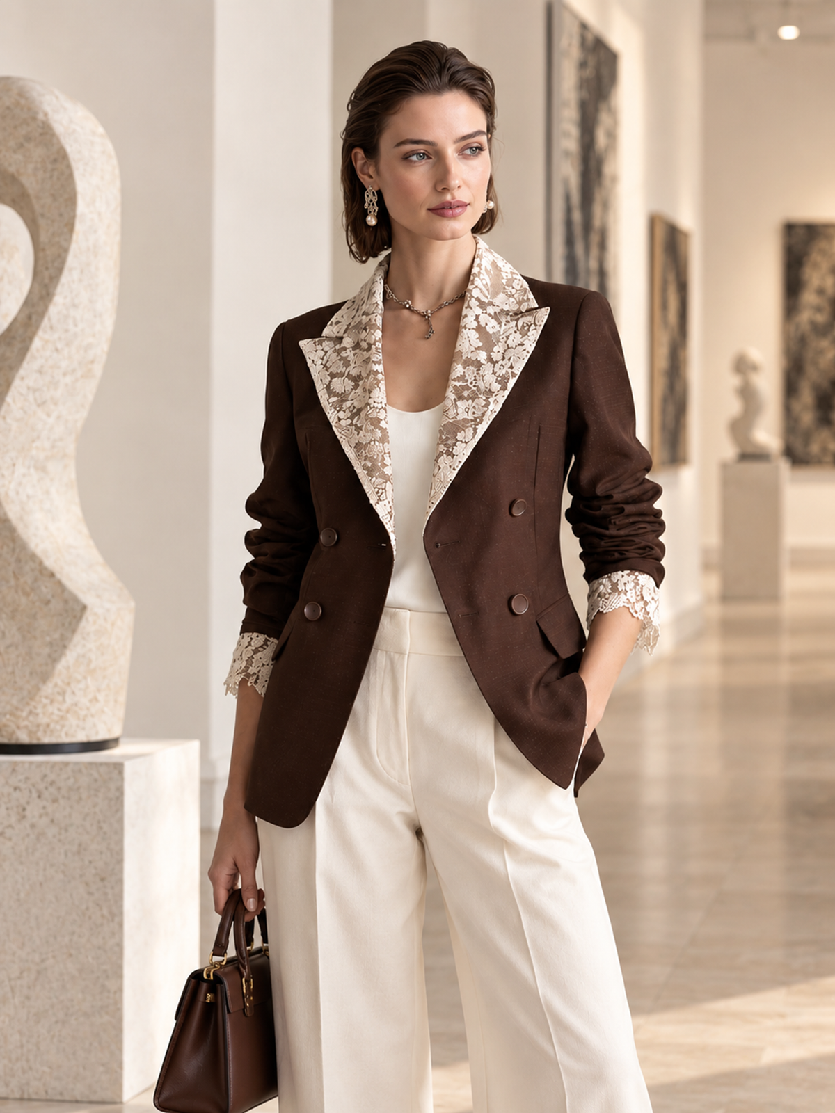 Elegant Dark Chocolate Brown Blazer With Ivory Lace Contrast Lapels