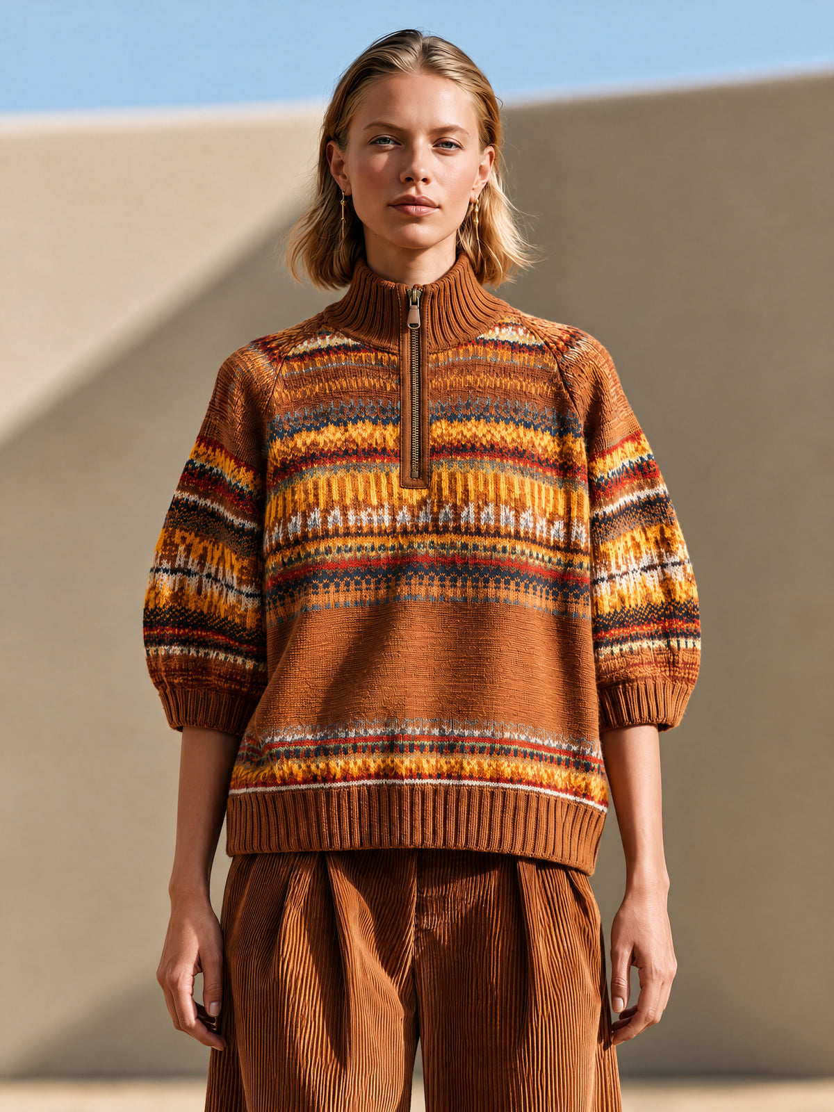 Brown Fair Isle Half-Zip Sweater With Puff Elbow Sleeves