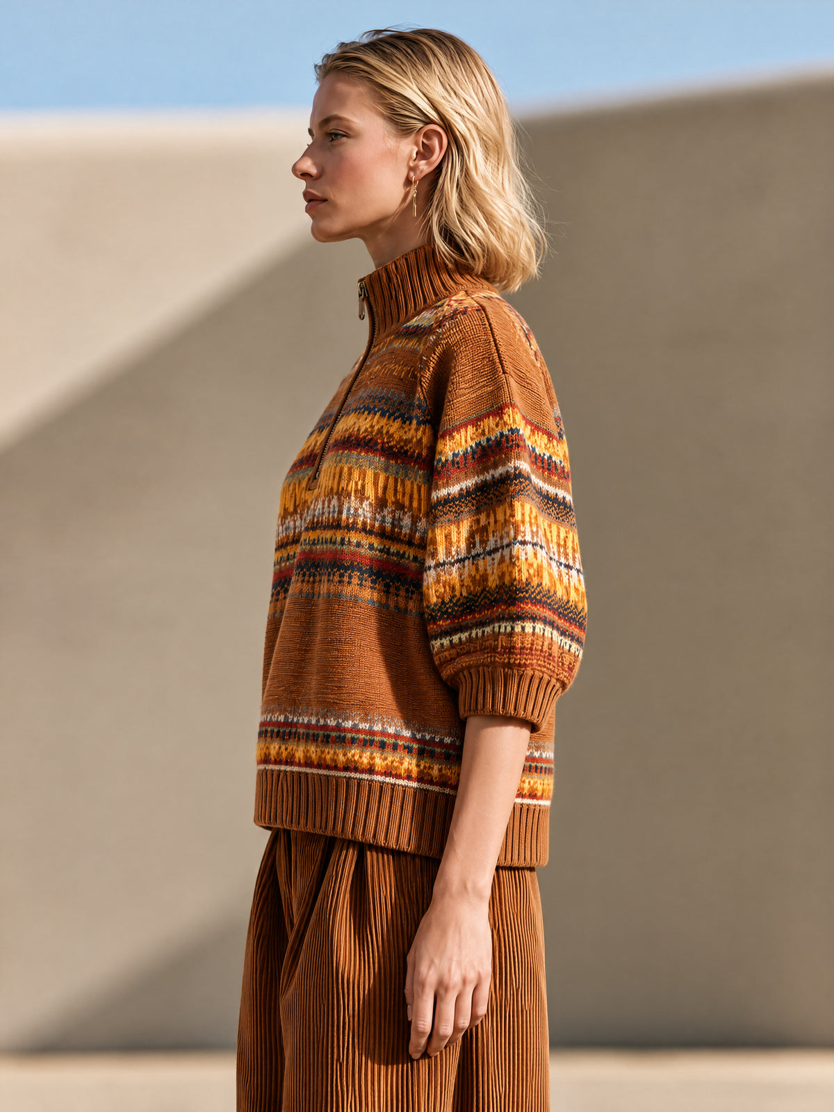 Brown Fair Isle Half-Zip Sweater With Puff Elbow Sleeves
