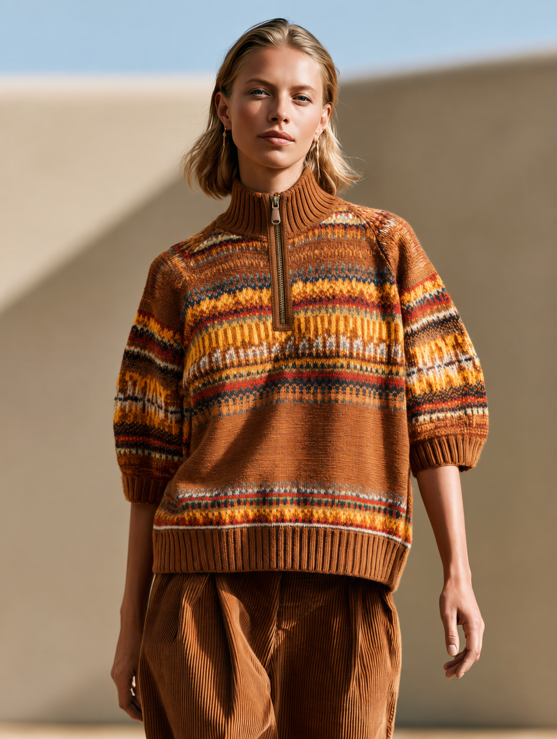 Brown Fair Isle Half-Zip Sweater With Puff Elbow Sleeves