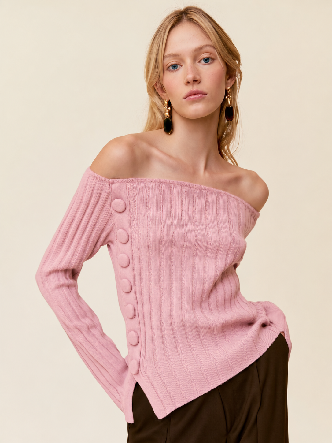 Pink Ribbed Knit Off-Shoulder Top With Side Button Detail