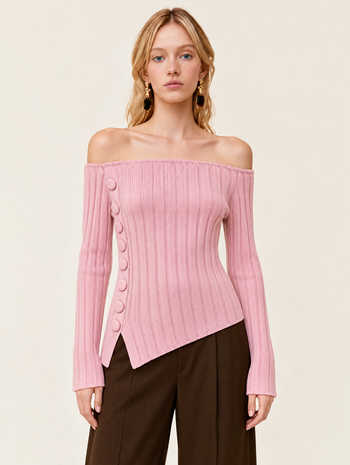 Pink Ribbed Knit Off-Shoulder Top With Side Button Detail