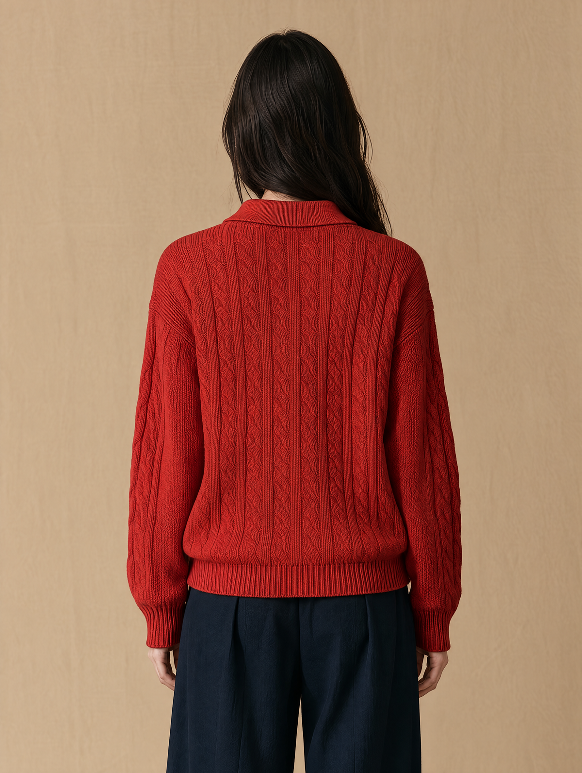Red Cable Knit Polo Sweater With Contrast Button Placket