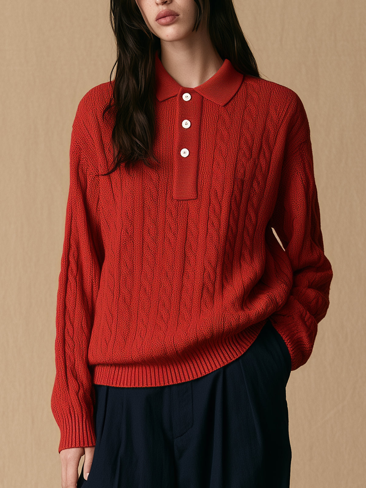 Red Cable Knit Polo Sweater With Contrast Button Placket