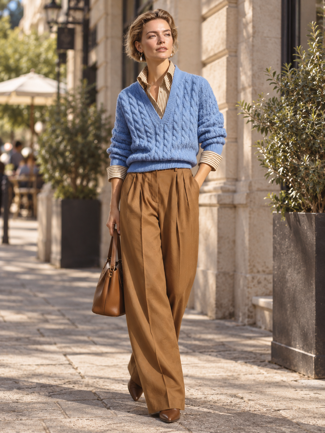 Blue Cable Knit V-Neck Sweater With Contrast Striped Shirt Mock Two-Piece