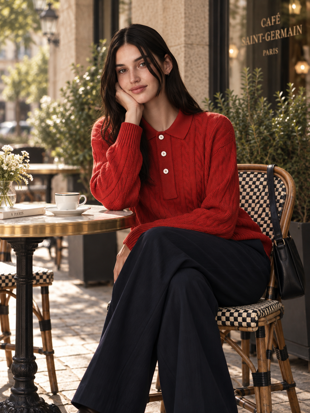 Red Cable Knit Polo Sweater With Contrast Button Placket