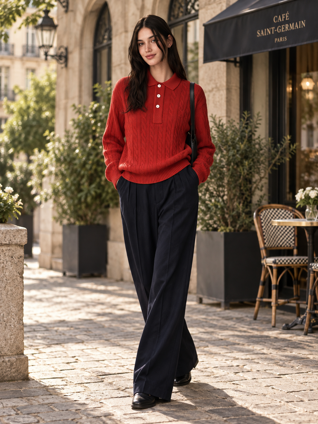 Red Cable Knit Polo Sweater With Contrast Button Placket