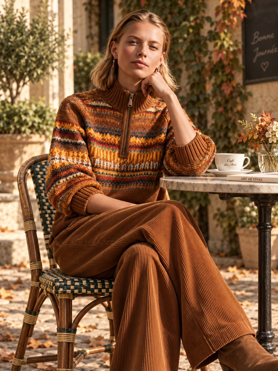 Brown Fair Isle Half-Zip Sweater With Puff Elbow Sleeves