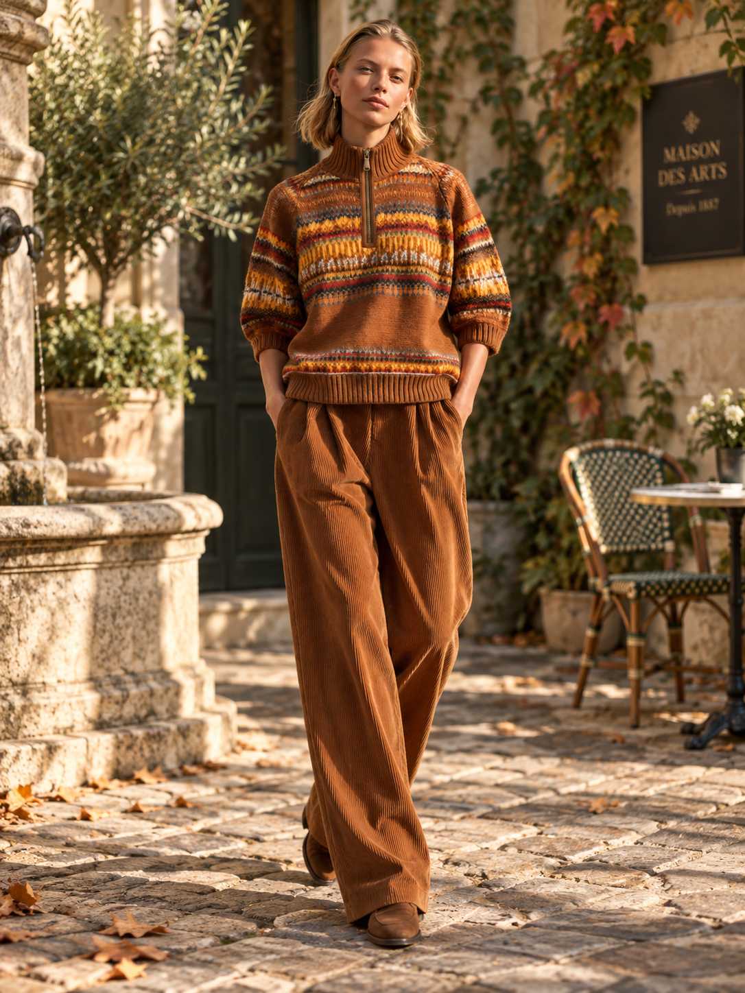 Brown Fair Isle Half-Zip Sweater With Puff Elbow Sleeves
