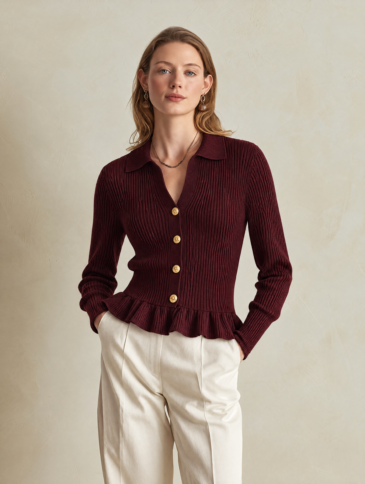 Elegant Burgundy Wool Knit Cardigan With Polo Collar & Ruffled Hem