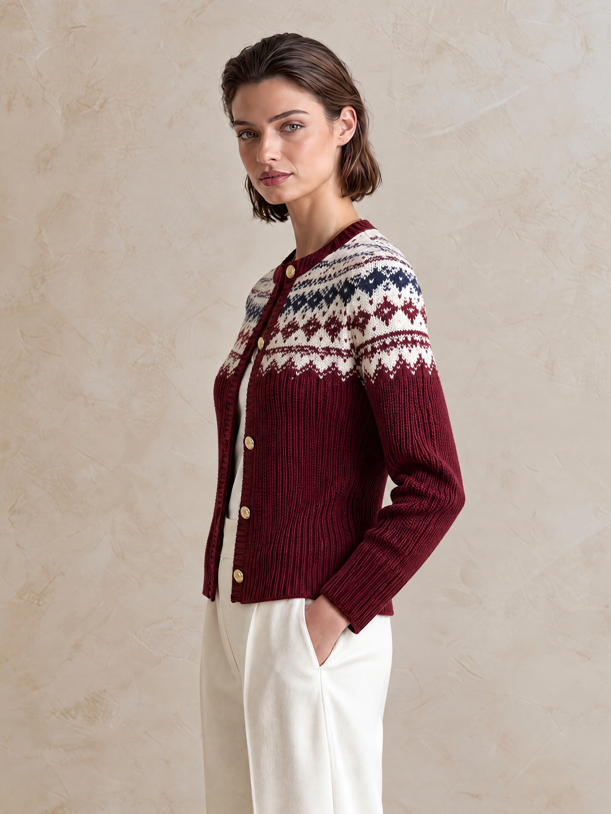 Elegant Burgundy Fair Isle Contrast Jacquard Wool Knit Cardigan