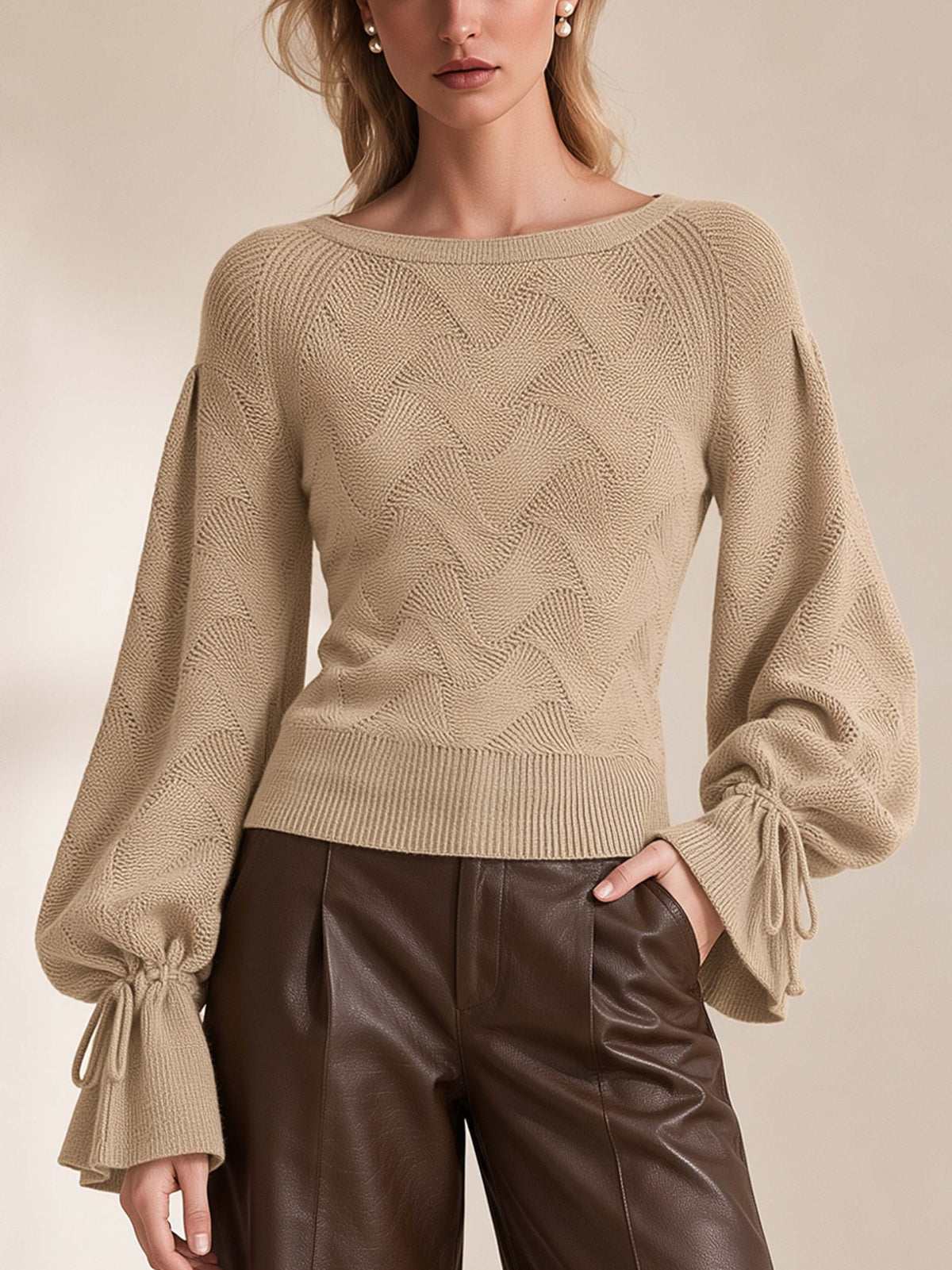 Oatmeal Boat Neck Cable Knit Drawstring Lantern Sleeve Sweater