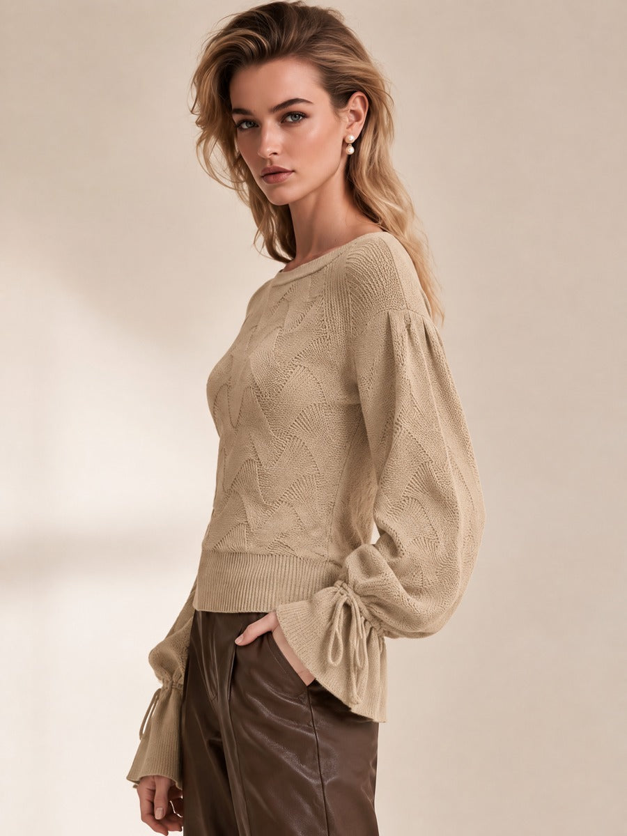 Oatmeal Boat Neck Cable Knit Drawstring Lantern Sleeve Sweater