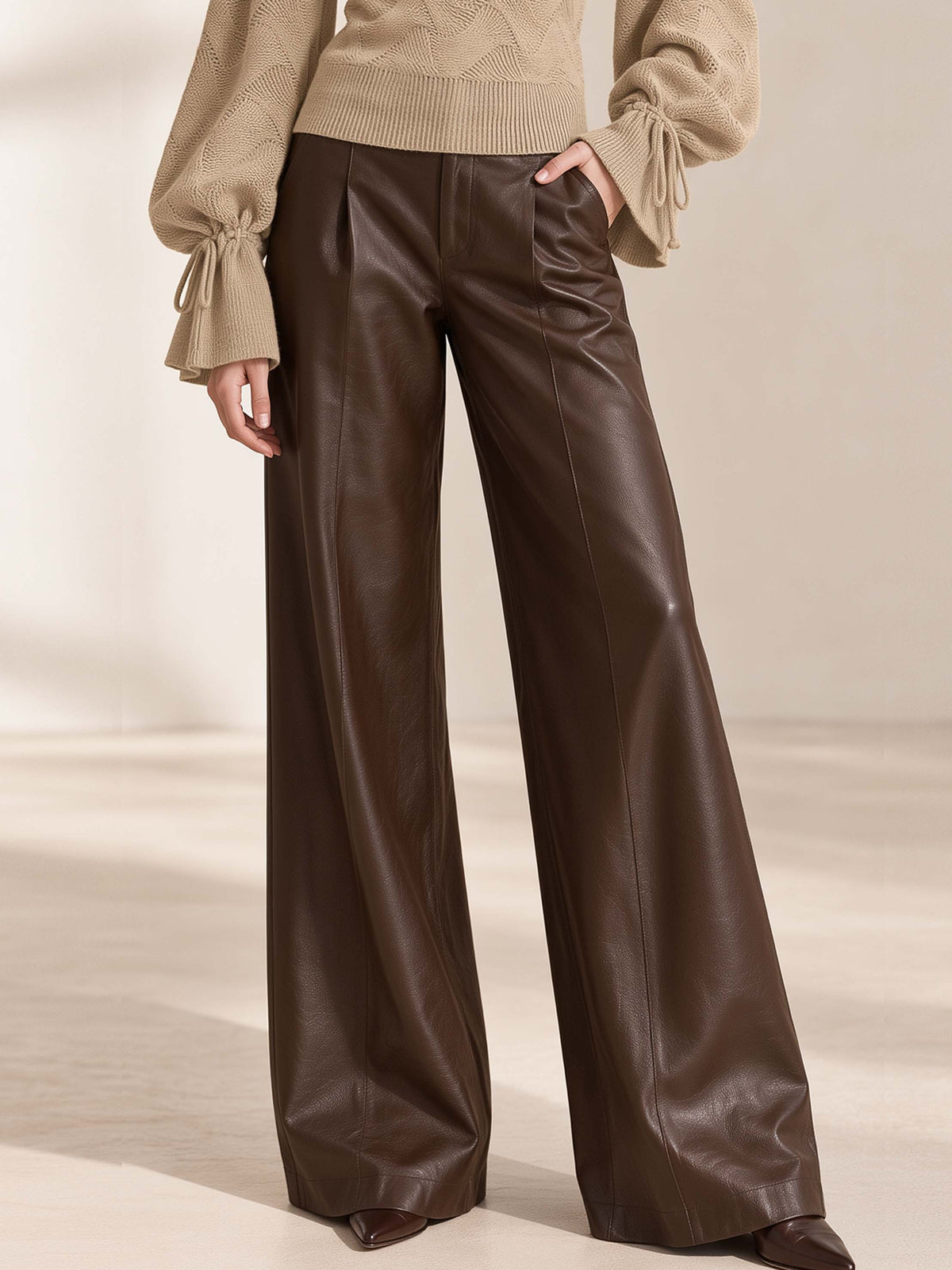 Dark Brown High Waist Pleated Wide Leg Trousers