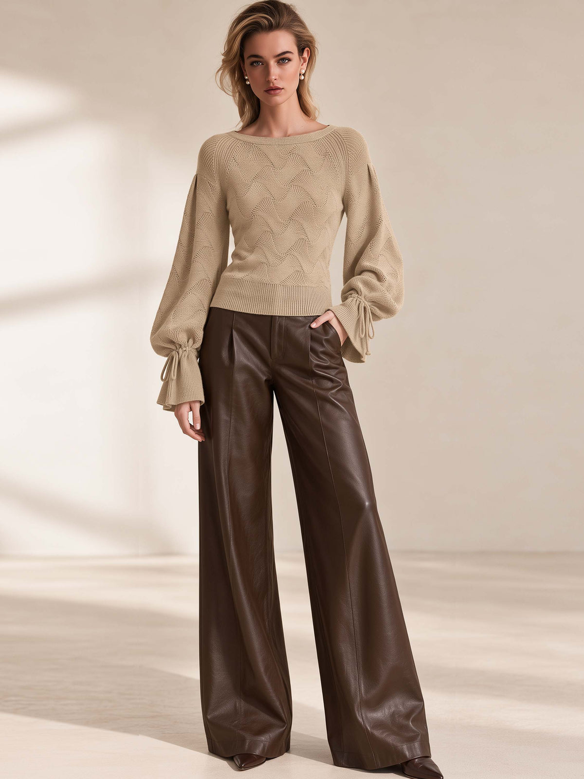 Dark Brown High Waist Pleated Wide Leg Trousers